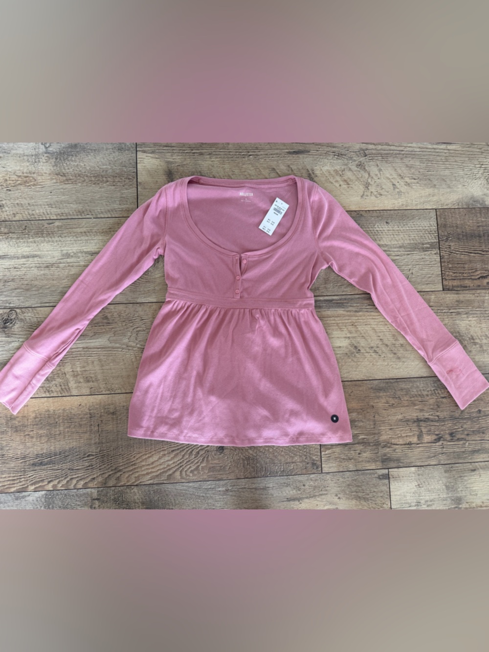 Hollister Pink Ribbed Button-Neck Long Sleeve Babydoll Top